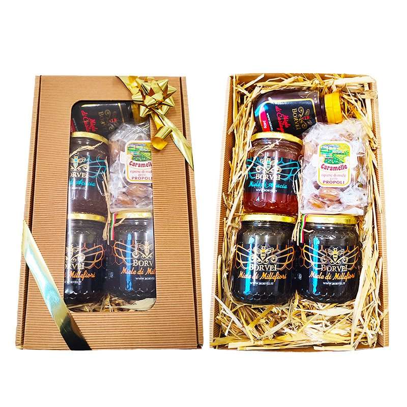 scatola-regalo-miele-caramelle-millefiori-castagno-borvei-apicoltura-vaso-vetro
