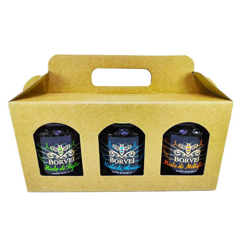 box-regalo-miele-millefiori-tiglio-acacia-500g-borvei-apicoltura