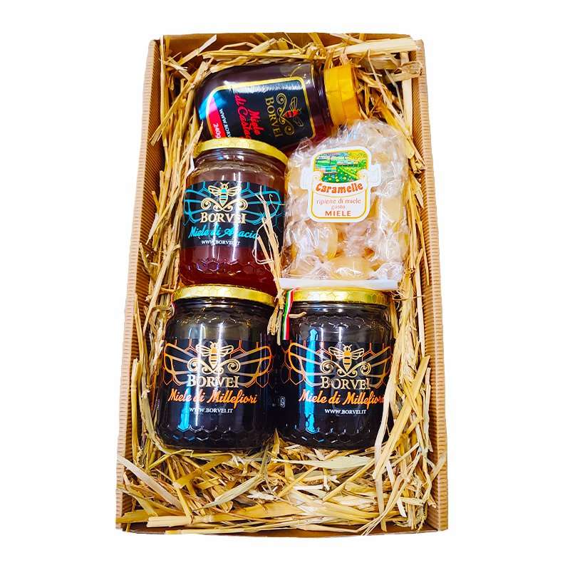 scatola-regalo-miele-caramelle-millefiori-castagno-borvei-apicoltura